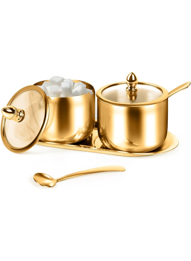 2 Pcs Coffee and Sugar Dispenser with Tray - 10 oz Sugar Bowl with Glass Lid and Spoon for Coffee Bar Accessories Kitchen Storage for Salt,Coffee Bean,Brown Sugar Cubes (Gold) - Image 1